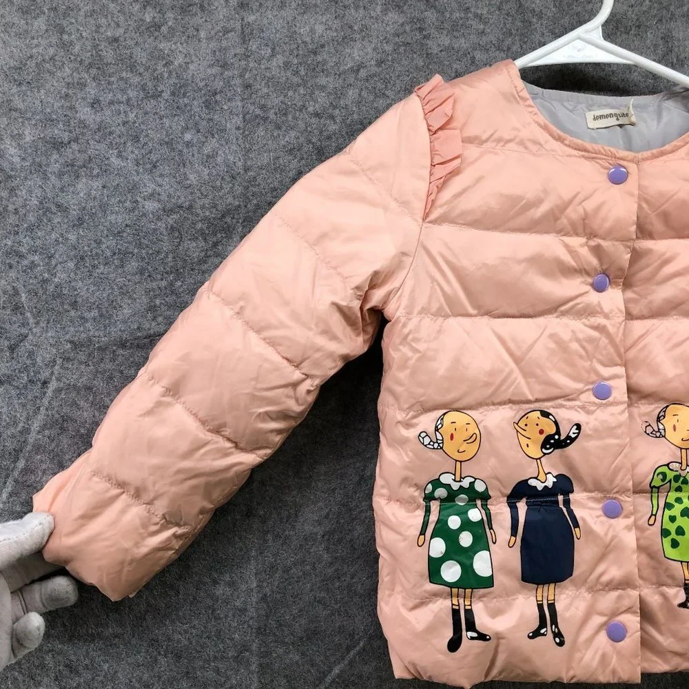 Girls 5T‎ (110) Down Puffer Jacket Pink Quilted Snap Button Popeye Olive Print